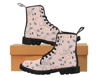 Pink Boots, Roses Floral Print Boots, Women's Fashion Boots, Vegan Shoes, Boho Boots, Bohemian Boots, Combat Boots, Casual Everyday Boots