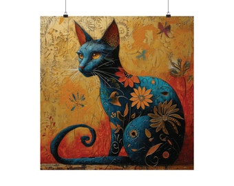 Cat Floral Fine Art Print | Oil Painting Print | Colorful Whimsical Folk Art Wall Decor | Gifts for Cat Lovers | Office Home Cottagecore Art