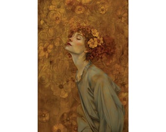 Romantische muurkunst, bloemenportret in klimtstijl, cadeau voor haar, roodharige vrouw poster, gouden fine-art print, ingelijst mat kunstpapier