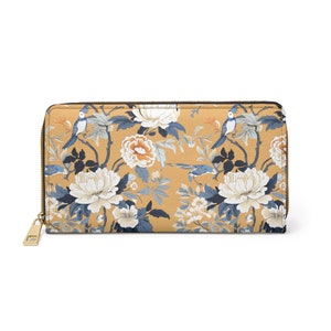 Portefeuille zippé floral jaune moutarde, fleurs chinoises rétro, porte-monnaie asiatique zippé, porte-cartes, portefeuille végétalien, cadeaux pour femme