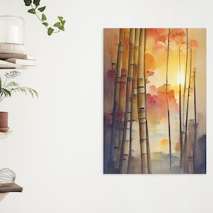Japanese Oriental Botanical Landscape Print, Ready to Hang Canvas Wrap, Orange & Brown Watercolor Asian Wall Décor, Zen Feng Shui Wall Art