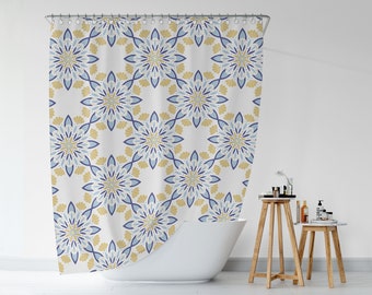 Blue and Yellow Shower Curtain, Mandala Pattern Shower Décor, Zen Buddhism Spiritual Home Gift, Unique Bath Curtain, Ethnic Bath Decor