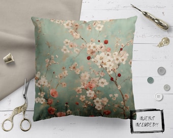 Sierkussenset met bloemen - HOES & INSERT: vierkant polyester botanisch Japans geïnspireerd kersenbloesem zacht bankkussen woondecoratieaccent