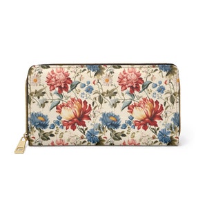 Cartera con cremallera floral, monedero con estampado Chintz, cartera de piel sintética vegana de viaje con cremallera para mujer, cartera con múltiples compartimentos para tarjetas y monedas