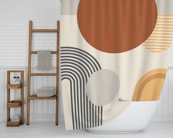 Cortina de ducha abstracta, cortina de ducha boho, cortina de baño de tonos tierra óxido beige marrón, regalo de decoración de baño boho moderno de mediados de siglo
