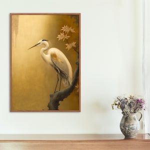 UNFRAMED Oriental Egret Heron Bird in a Golden Japanese Pond Poster, Fina-Art Thick Paper Print, Boho Asian Eclectic Wall Art Accent Décor