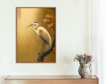 INGELIJSTE Oosterse zilverreiger vogel in een gouden Japanse vijver poster, Fina-Art dik papier print, Boho Aziatische eclectische muur kunst accent decor