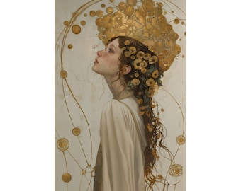 Art nouveau-muurdecoratie, Klimt-stijl portretafdruk, cadeau voor haar, gouden vrouw kunst, ingelijste kunstafdruk, fine art poster, mat papier