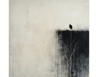 May include: A black bird perched on a branch against a white and black background. The bird is silhouetted against the dark background, and the white background is textured and abstract.