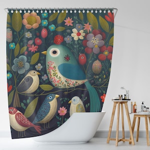Boho Duschvorhang, bunter Duschvorhang, Vögel Blumen Badevorhang, Boho Stil Natur inspirierter Duschvorhang, Kinder Badezimmer Dekor