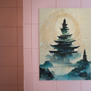 Landscape Scenery Japan Chureito Pagoda Wall Art, Turquoise Living Room Bedroom Office Poster, Vertical UNFRAMED Fine Art Giclée Thick Paper