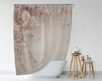 Douchegordijn kersenbloesem, sierlijk romantisch Japans geïnspireerde sakura waterdicht badgordijn met bloemen, badkamerontwerp in zen-stijl