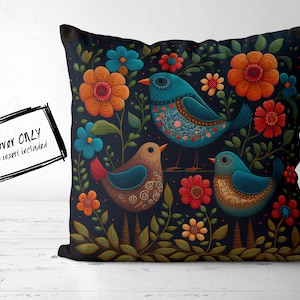 Pillow Case, Colorful Square Decorative Throw Pillow Cover, Folk Art Birds and Flowers Sofa Cushion Cover, 14-20&quot; Bohemian Pillow Covers