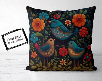 May include: A decorative pillow cover with a dark blue background featuring three stylized birds with intricate patterns and colorful flowers. The birds are blue, brown, and teal with gold accents. The flowers are red, orange, and blue.