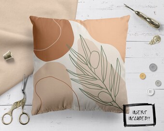 Bohosierkussen, abstracte botanische bladeren aardetinten decoratief vierkant kussen MET inzetstuk, decoratie voor thuis en op kantoor, accent bankstel