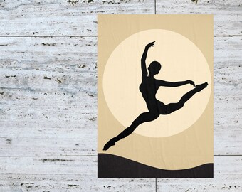 May include: A black silhouette of a dancer performing a split against a yellow circle on a beige background.