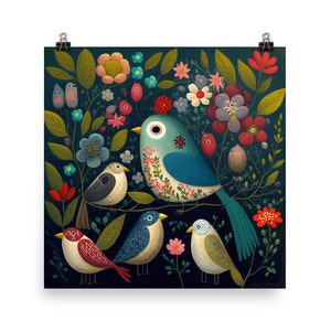 Birds Folk Art Cute Botanical Wall Art, Scandinavian UNFRAMED Poster Print, Whimsical Nature Art, Bird Painting, Nursery Kids Bedroom Office