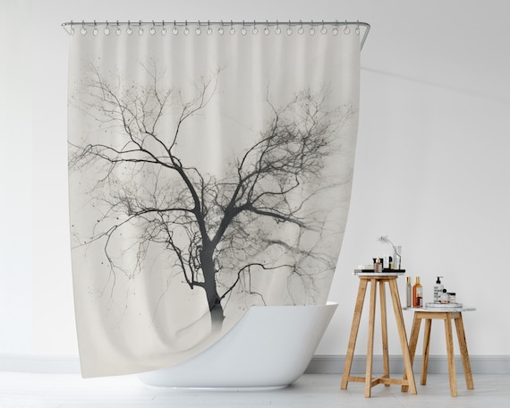 Tenda Da Doccia Con Albero Bianco E Nero RnnJoile, 183x183 Cm, Con Ganci, Stampa Astratta
