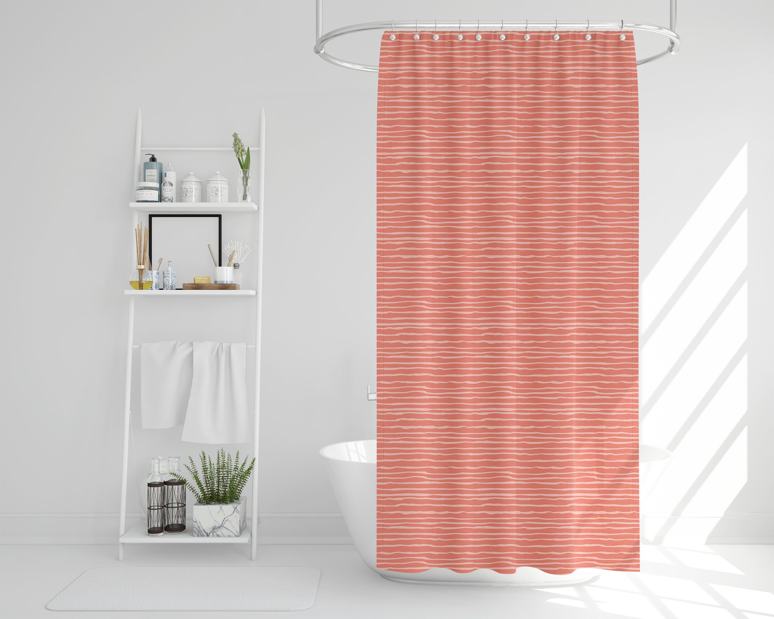 Stripes Shower Curtain Coral Peach Pink Fabric Printed Bath Etsy