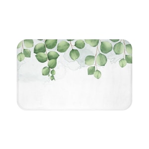 Eucalyptus Leaves Bath Mat, Botanical Bath Rug, Farmhouse Boho Kitchen Mat, Memory Foam, Green & White Bathroom Decor, Bathroom Accessories