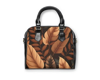 Brown Shoulder Bag, Botanical Leaves Crossbody Bag, Vegan Faux Leather Bag, Adjustable Strap & Top Handles Handbag, Women Floral Purse