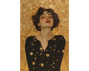 Arte mural femenino y audaz, retrato dorado inspirado en Klimt, regalo para ella, impresión de arte moderno, póster de mujer segura, impresión de bellas artes sin marco