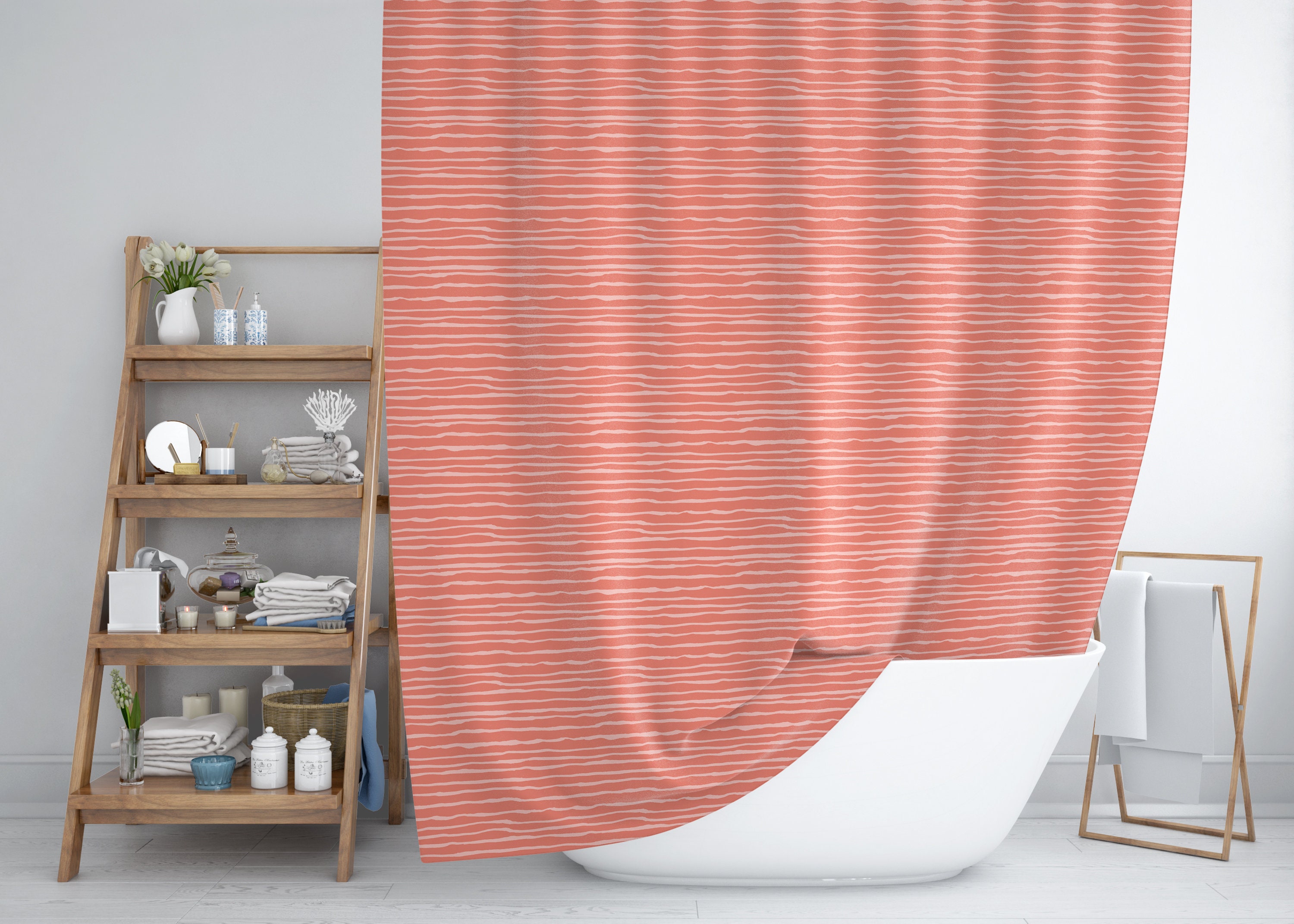 Stripes Shower Curtain Coral Peach Pink Fabric Printed Bath Etsy