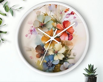 Flowers Wall clock, Floral Painting Cottagecore Wall Clock, Boho Bohemian Home & Office Wall Decor, Natural Decor Accents, Botanical Clock