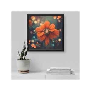 May include: A framed print of a single orange flower with a textured center, surrounded by a blurred background of lights.