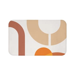 Puede incluir: Alfombra de baño abstracta con formas geométricas en tonos marrones, naranjas y beige. La alfombra presenta un diseño curvo sobre un fondo blanco.