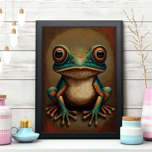 Frog Poster, Colorful Tribal Folk Art Cute Toad Print, Animal Pop Art, Unframed 12x18 / 20x30 / 24x36 in, Office Entryway Dorm Wall Décor