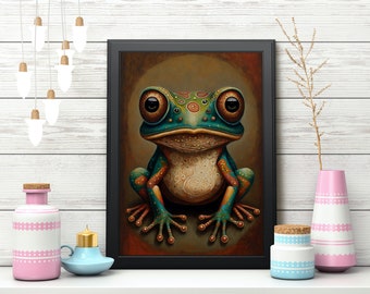 Kikkerposter, kleurrijke tribale volkskunst schattige paddenprint, dierlijke popart, ingelijste 12 x 18 / 20 x 30 / 24 x 36 inch, kantoor hal slaapzaal wanddecoratie