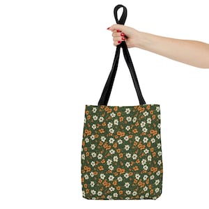 Wildflowers Tote Bag, Floral Garden Shopping Bag, Orange and Green Botanical Everyday Bag, Book Bag, Weekend Beach Bag, Vegan Fabric Bag