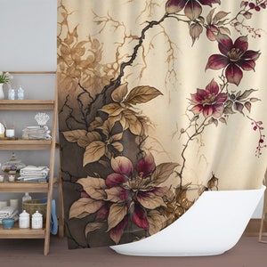 Oriental Flowers Shower Curtain, Boho Bohemian Asian Bath Curtain, Botanical Floral Bathroom Décor, Farmhouse Cottagecore Bathroom, 71x74 in