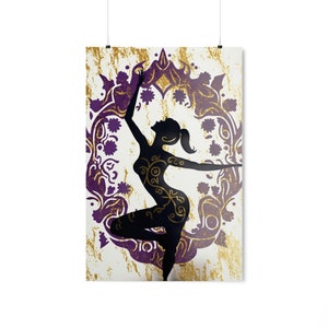 Boho Dancer Yogi Art Print, UNFRAMED Modern Yoga Poster Wall Décor Illustration, Purple Gold Black Wall Art, Boho Matte Vertical Print