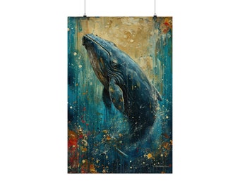 May include: A painting of a blue whale breaching the surface of the water. The whale is painted in a realistic style, with detailed scales and a textured surface. The background is a vibrant blue with splashes of yellow, orange, and red paint.