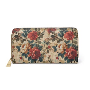 Carteira com zíper floral, bolsa botânica para moedas e cartões, carteira de couro sintético Boho com flores, bolsa feminina estampada com padrão vintage, presente para ela