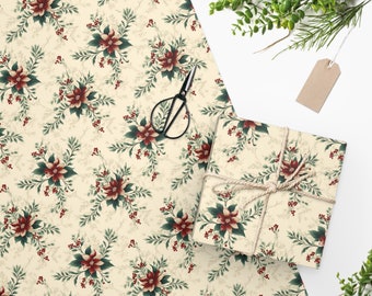May include: A cream-colored wrapping paper with a repeating pattern of red poinsettia flowers, green leaves, and red berries.