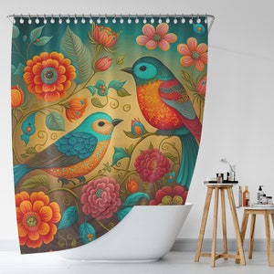 Birds Shower Curtain, Floral Bath Curtain, Colorful Shower Curtain, Folk Art Bathroom Decor, Bohemian Bath Curtain, Eclectic Bathroom Decor