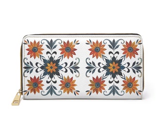 Cartera con cremallera de azulejos, portatarjetas con cremallera boho, billetera de cuero vegano, portatarjetas con cremallera, monedero colorido, regalo de aniversario, regalo de cumpleaños