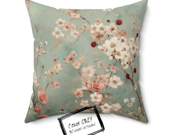 Kussensloop met pastelkleurige bloemen: vierkante kussensloop kersenbloesem, bankkussensloop Japanse stijl, elegant botanisch interieur. GEEN INVOER.