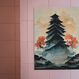 Japanese Wall Art, Asian Chureito Pagoda Poster Thick Paper Print Wall Décor, Zen Garden Kakejiku Style Landscape Unframed Art, Vertical