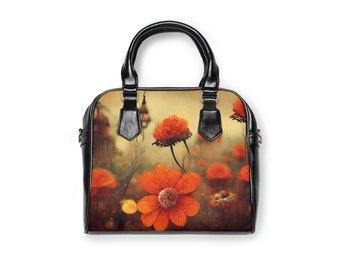 Vegan Leather Shoulder Bag, Woman Handbag, Colorful Floral PU Faux Leather Bag, Women's Accessories, Orange Flowers Eco Friendly Art Bag