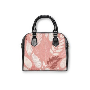 Pink Shoulder Bag, Botanical Leaves Crossbody Bag, Vegan Faux Leather Bag, Adjustable Strap & Top Handles Handbag, Women Floral Purse