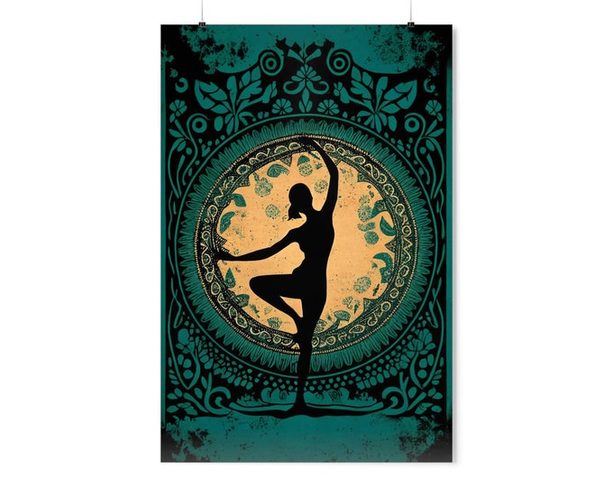 Boho Yoga Poster, UNFRAMED Yoga Pose Silhouette Wall Art, Oriental Teal Beige Black Fine Art Paper Print, Yoga Lover Gift, Yogi Studio Décor