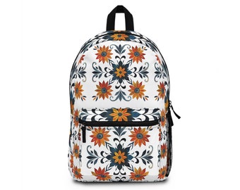 Tiles Design Backpack for Travel Work or School, Bohemian Mosaic Ornamental Pattern Laptop Bag, Colorful Rucksack, Vegan Canvas Backpack