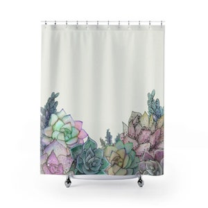 Succulents Boho Shower Curtain, 71x74 in, Bohemian Eclectic Nature inspired Home Bathroom Decor, Watercolor Cactus Botanical Bath Curtain