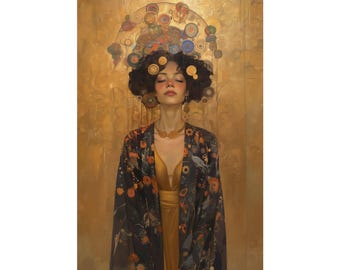 Elegante kunst in klimtstijl, poster gouden vrouw portret, cadeau voor kunstliefhebber, vrouwelijke muurprint, ingelijste kunst, modern mat decor