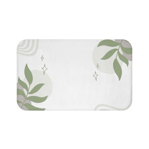 Boho Chic Bath Mat, Botanical Bathroom Rug, Floral Green Gray & White Leaves Abstract Mat, Minimalist Farmhouse Cottagecore Bathroom Décor