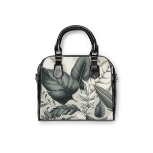 Bolso de hombro blanco gris, bolso bandolera de hojas botánicas, bolso de piel sintética vegana, bolso de mano de correa ajustable y asas superiores, bolso floral de mujer